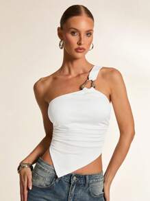 Glamine Parte superior de punto con anilla metálica y dobladillo asimétrico para mujer, adecuada para salidas, fiestas, reuniones y conciertos