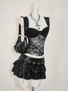 SHEIN ICON 女士时尚褶皱蕾丝后背结饰吊带背心