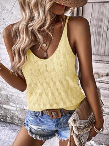 EMERY ROSE 1pc Women Solid Color Knit Camisole Tank Top, Minimalist Fashion Suitable For Summer - Yellow - View 5