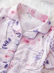 SHEIN 2pcs/Set Girl's Apricot Cherry Print Long Pants & Short Sleeve Casual Loose Homewear Set