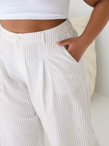 SHEIN EZwear Plus Size Lightweight White Striped Casual Suit Pants, Summer - White - View 5