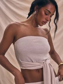MUSERA Bandeau Fitted Knit Waist Drape Tie Detail Top Micro Crop Top Summer Holiday Cute Spring - Cream - View 4