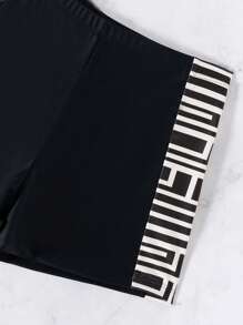 Swim Lushoire 2 件套女士夏季新款分体式卡其色几何随机印花无袖适度泳衣，带褶皱腹部设计，保守泳衣短裤，适合游泳、海滩、冲浪