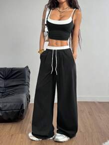 Coolane Conjunto de ropa de primavera/verano para mujer con estilo de calle de moda, parte superior de cami con empalme de colores contrastantes 2 en 1 + pantalones con bloques de color