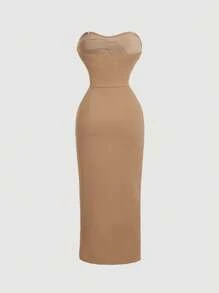 SHEIN MOD Váy bó sát in hoa bèo nhún cho nữ, váy lạc đà, váy ông già Noel, váy dự tiệc cho nữ, váy đêm giao thừa - Lạc đà - Xem 2