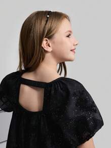 Ontre Tween 女童时尚外出派对日常休闲闪亮百搭露背泡泡袖 A 字刺绣闪亮套头 T 恤，春夏 - 黑色 - 查看 2