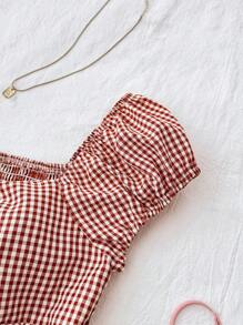 SHEIN TEENGIRL Burgundy Retro Plaid Ruffle Trim A-Line Top, College Casual Style