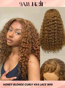 Pelucas rizadas color miel rubio con cierre de encaje 4x4 de 24 pulgadas de densidad 150% de cabello humano de color 30# para mujeres - S30 - Ver 1