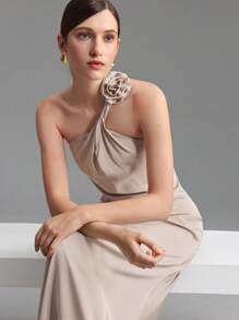 Ontre Vestido Elegante Floral 3D A-Line com Laço 2025 para Mulheres, Adequado para Casamento, Férias, Festa - Damasco - Visão 3