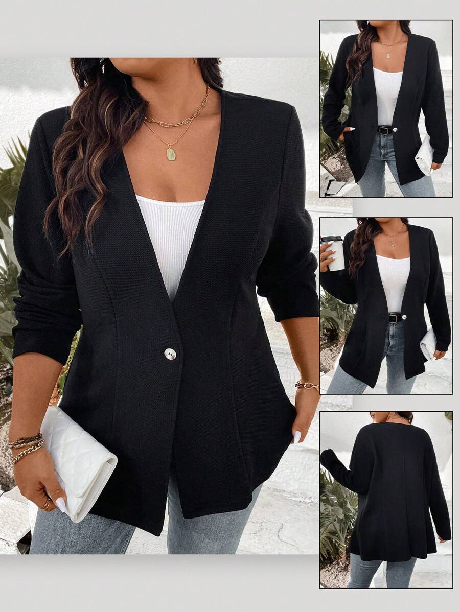 Elenzga Plus Size Women's Single Button V-Neck Blazer Graduation,Back To School,Teacher Outfits For Women Fall Cloth For Women Autumn - Black - View 1