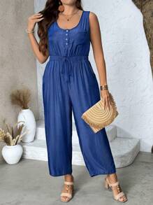 SHEIN LUNE Plus Size Women Elegant & Versatile Denim Effect Half Open Jumpsuit With Waist Drawstring