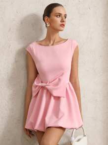 SHEIN Unity 优雅淑女时尚高端露肩蝴蝶结缀饰腰部喇叭下摆迷你连衣裙 - 粉色 - 查看 4