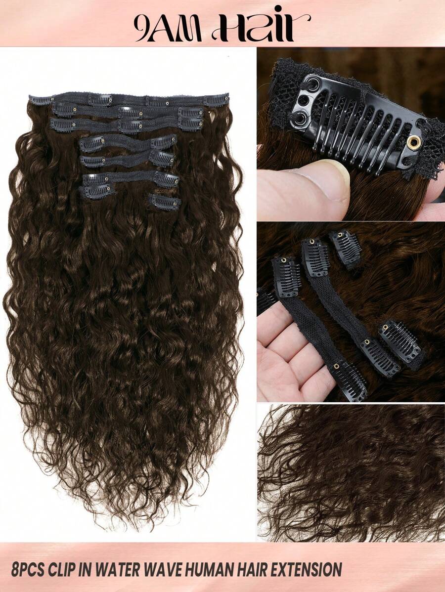 8pcs/Set Clip In Hair Extensions Water Wave Dark Chocolate Brown Remy Human Hair Long Corn Wave Hair For Women Daily Use Clip Ins Hair Extensions - S4 - View 1