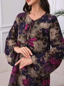 Al Najma Cotton Floral Print Lace-Up Collar Comfortable Dress,Modest - Purple - View 6