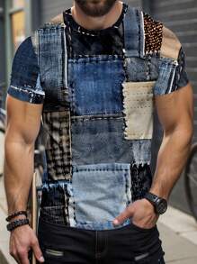 Manfinity Homme Camiseta con estampado de patchwork para hombres, de estilo minimalista, adecuada para el verano