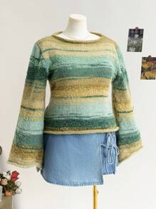 Soleia Sweater Rajut Bulu Imitasi Lengan Lonceng Leher Bulat Jala Gradien Ukuran Besar untuk Wanita, Musim Gugur/Musim Dingin, Gaya Resort - MultiWarna - View 9