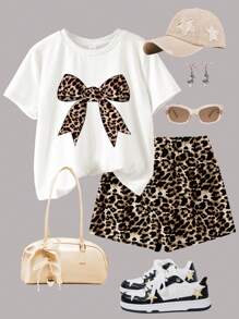SHEIN Set de 2 piezas con camiseta de manga corta y pantalón corto con estampado de leopardo y decoración de lazo, apropiado para el verano, para niñas preadolescentes