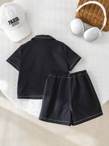 2pcs/Set Baby Boy/Girl Casual School Chic Oversized Top/Shirt With Elastic Waist Shorts Outfit, Suitable For Spring/Summer Indoor And Outdoor Wear