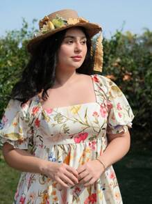 SHEIN MOD Plus Size Girls' Romantic Holiday Floral Print Cropped Babydoll Dress. Prom Dresses For Ladies. Women Dresses Floral.Dresses - Multicolor - View 5