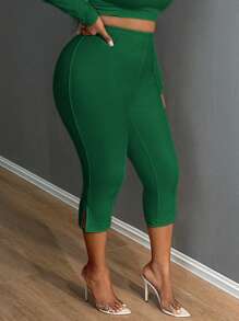 SHEIN SXY Quần legging xẻ gấu trơn, quần legging co giãn cạp chun thoải mái hàng ngày, quần áo dành cho phụ nữ ngoại cỡ - Màu xanh lá cây đậm - Xem 4