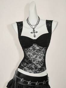 SHEIN ICON 女士时尚褶皱蕾丝后背结饰吊带背心