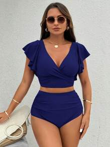 Swim Chiccia Women's Summer Beach Solid Ruffled Sleeve Sexy Bikini Set - Navy Blue - View 5