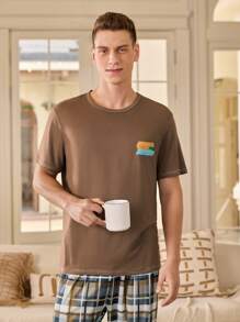 Manfinity Underwear&Sleepwear Basics Conjunto casual en casa de camiseta de cuello redondo de manga corta y pantalón a cuadros para hombre