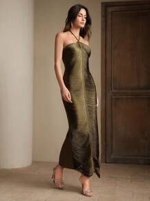 Anewsta Elegant Cinnabar Red Backless Tassel Dress, Fitted Silhouette, Luxurious Evening Gown, Fashion Party Dress