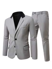 Manfinity Mode Plus Size Men's Colorblock Lapel Neck Blazer And Pants Suit Set