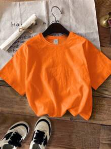 SHEIN 年轻男孩休闲简约圆领T恤，适合夏季 - 橘色 - 查看 2