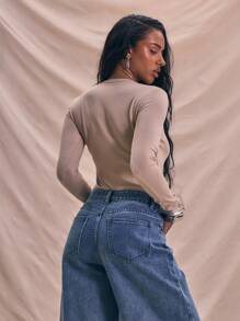 MUSERA Body de manga larga de punto transparente, casual para y verano - Caqui - Ver 3