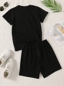 Young Girl Letter Print Crew Neck Short Sleeve T-Shirt And Shorts Casual 2 Pieces  Setteen Girls Outfit  Setsgraphic Tees School Clothes Back To School Clothes Puppy Keep Puppy Graphic Tees