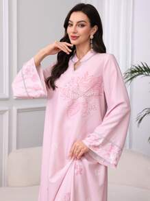 Al Najma V-Neck Splice Silver Trim Ribbon Embellished Beaded Floral Arabic Dress,Modest - Pink - View 4