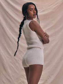 MUSERA Fitted Cropped Knitted Button Waistcoat Crop Top Spring Summer Holidays Soft Serve Airport Bridal Bachelorette Hen Do Wedding - Apricot - View 3