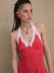 COUREZ Polka Dot Lace V Neck Halter Mini Dress Summer Outfits For Women Y2K Vintage - Orange - View 6