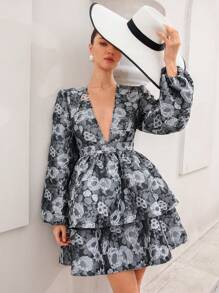 Aveloria Rosie Retro Elegant Elegant Puff Sleeve Long Sleeve Sexy Cake Ruffled Hem Women Short Dress All Over Print For Spring Fall - Grey - View 5