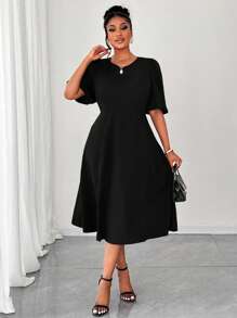 Maweii Plus Size Women's Puff Sleeve Woven Dress - Black - View 5