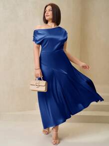 SHEIN Clasi Plus Size Women Spring Satin Asymmetric Ruffle Hem Elegant Dress,Formal Dresses For Women - Navy Blue - View 5
