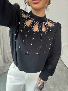 Modelyn Blusa de manga larga negra con cuello de perlas sueltas y diseño en contraste - Negro - Ver 6