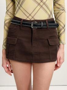 Arave Women's Casual Brown Denim Mini Skirt With Pockets - Coffee Brown - View 1