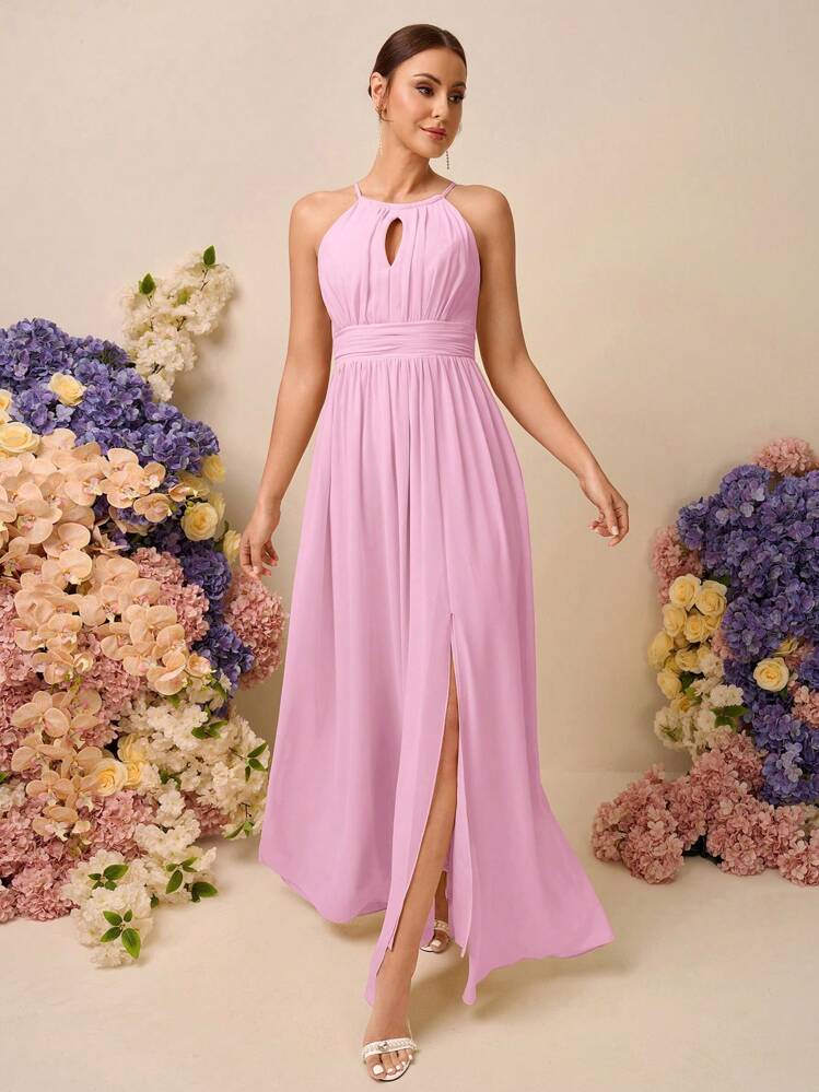 SHEIN Belle فستان وصيفة العروس ذو إغلاق جانبي بدون أكمام مطوي باللون الأحادي (الكبار) - وردي - مشاهدة 6