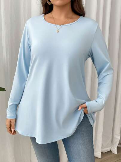Firerie Plus Size Elegant Casual Loose Fitting Solid Color Long Sleeve Round Neck Basic Layering T-Shirt, Suitable For Vacation & Home Wear Spring