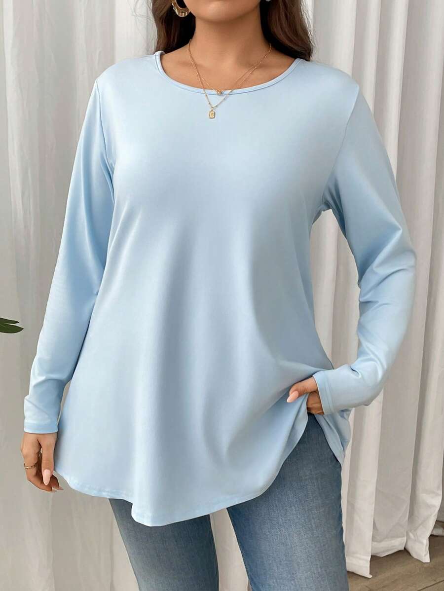 Firerie Plus Size Elegant Casual Loose Fitting Solid Color Long Sleeve Round Neck Basic Layering T-Shirt, Suitable For Vacation & Home Wear Spring Fall - Baby Blue - View 1