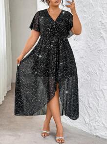SHEIN Clasi Plus Size Gold Foil Net Ruffled Sleeve Dress, Elegant Party Wear, Spring/Summer - Black - View 4