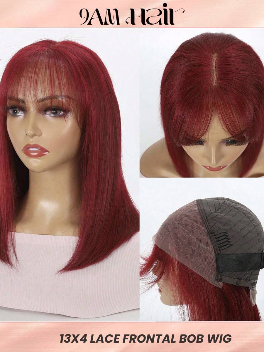 酒紅色直髮13x4前鬢編織人髮短髮空氣瀏海中分髮型綁帶,女士150%密度短髮綁帶前鬢編織髮套