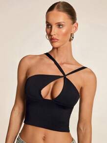 Glamine 性感黑色不对称无袖镂空不对称领口上衣，生日背心，节日派对背心，女士约会之夜背心，基础款上衣，外出上衣，夜店装 - 黑色 - 查看 1