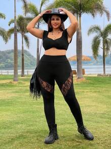 SHEIN EZwear Black Plus Size Lace Trim Leggings - Black - View 4