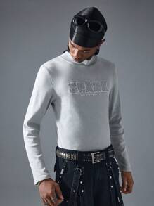 NEON BLANC Men's Street-Style Knit Letter Embroidered Round Neck Long Sleeve T-Shirt Cotton - Grey - View 2