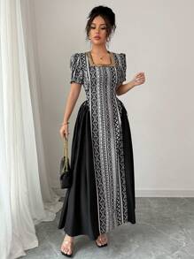 Breezaya Women Rectangular Neck Side Tie Waist A-Line Graceful Dress, Short Sleeve, Geometric Print, Lantern Sleeve, Arabic Style - Black - View 6