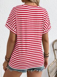SHEIN Loose Fit White Short Sleeve Striped Maternity T-Shirt - Red and White - View 2